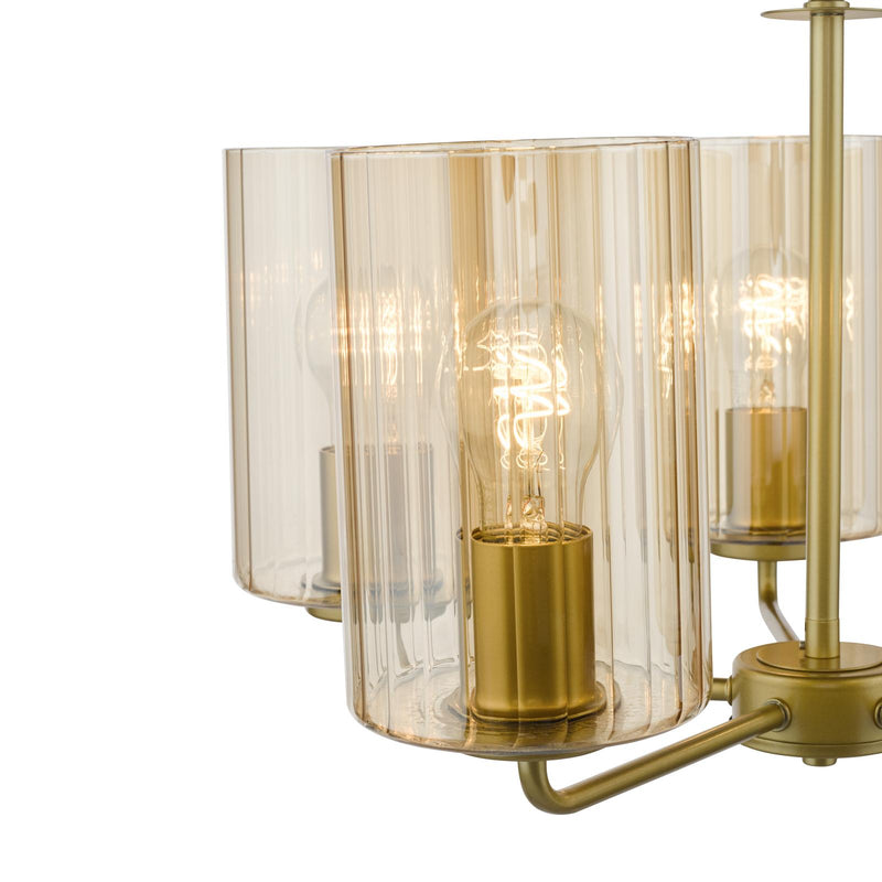 Dar Lighting Daylin 5 Light Pendant Satin Gold and Amber Ribbed Glass • DAY0535