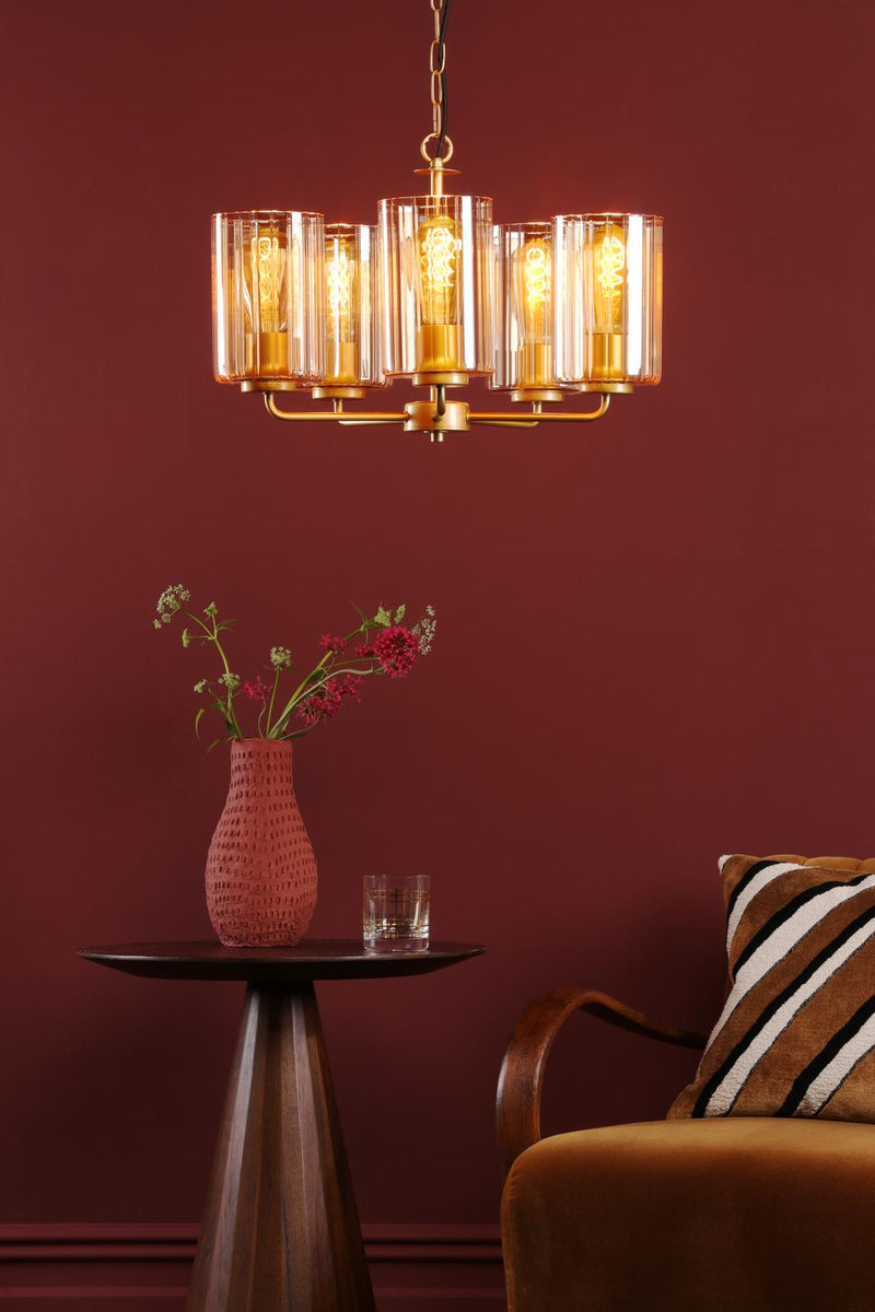 Dar Lighting Daylin 5 Light Pendant Satin Gold and Amber Ribbed Glass • DAY0535