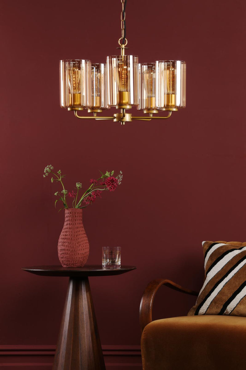 Dar Lighting Daylin 5 Light Pendant Satin Gold and Amber Ribbed Glass • DAY0535