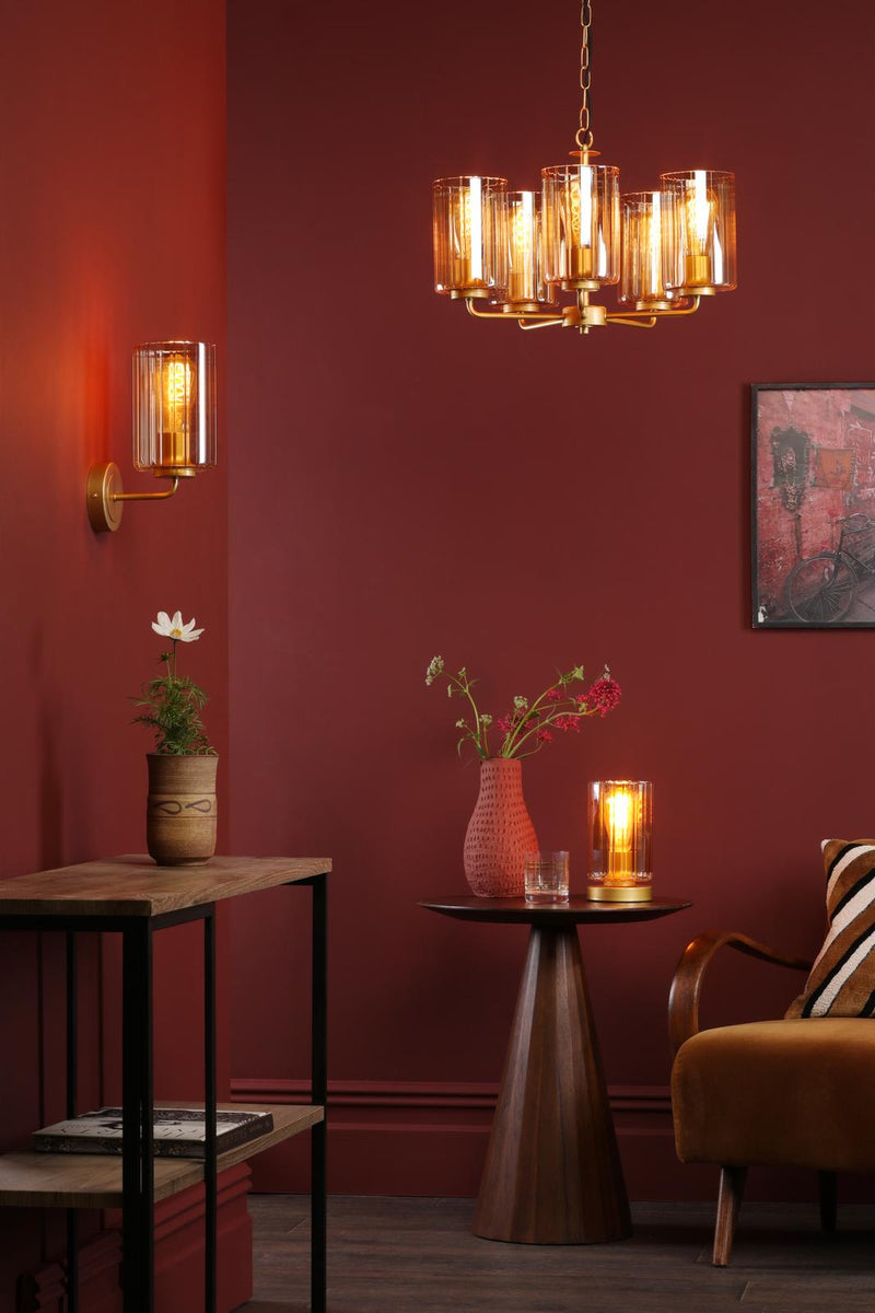 Dar Lighting Daylin 5 Light Pendant Satin Gold and Amber Ribbed Glass • DAY0535