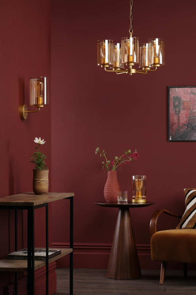 Dar Lighting Daylin 5 Light Pendant Satin Gold and Amber Ribbed Glass • DAY0535