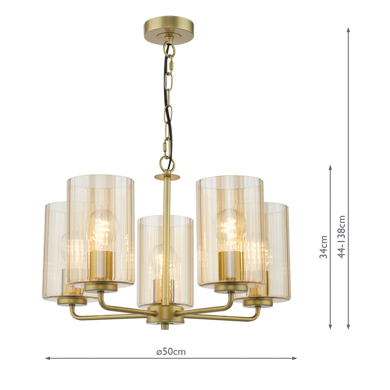 Dar Lighting Daylin 5 Light Pendant Satin Gold and Amber Ribbed Glass • DAY0535