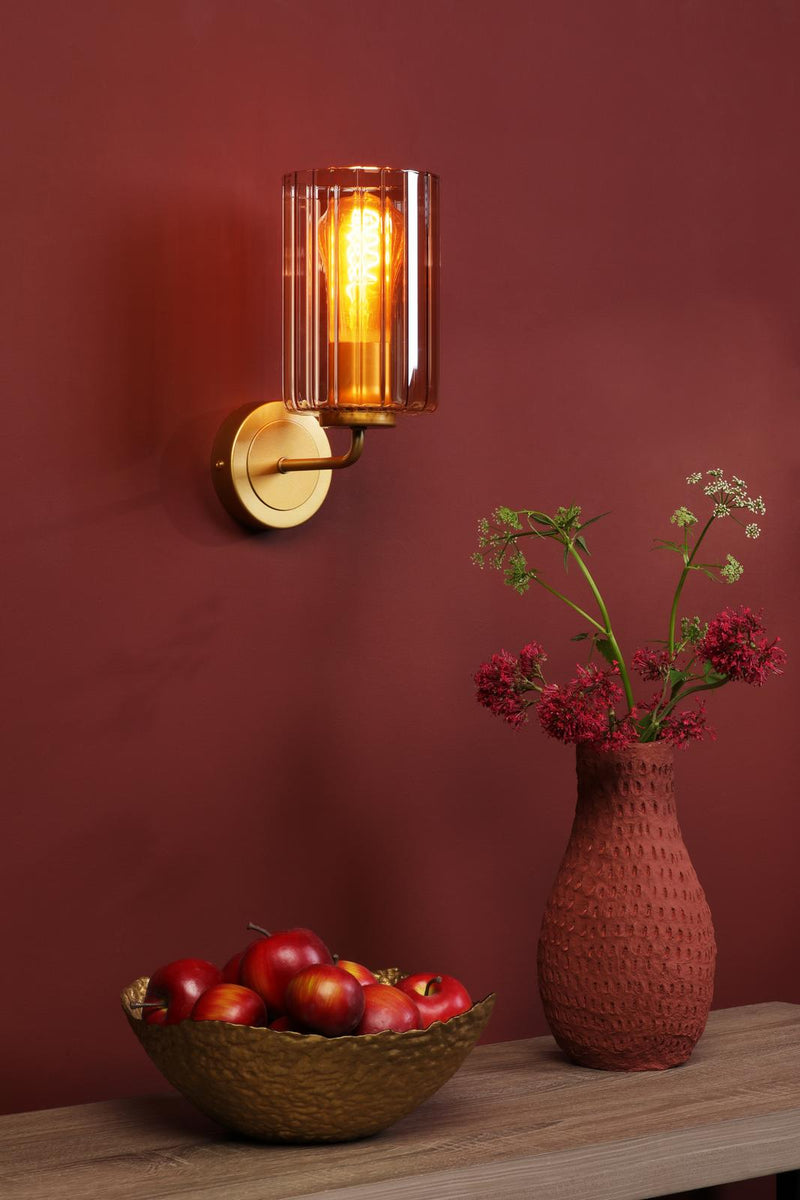 Dar Lighting Daylin Wall Light Satin Gold and Amber Ribbed Glass • DAY0735