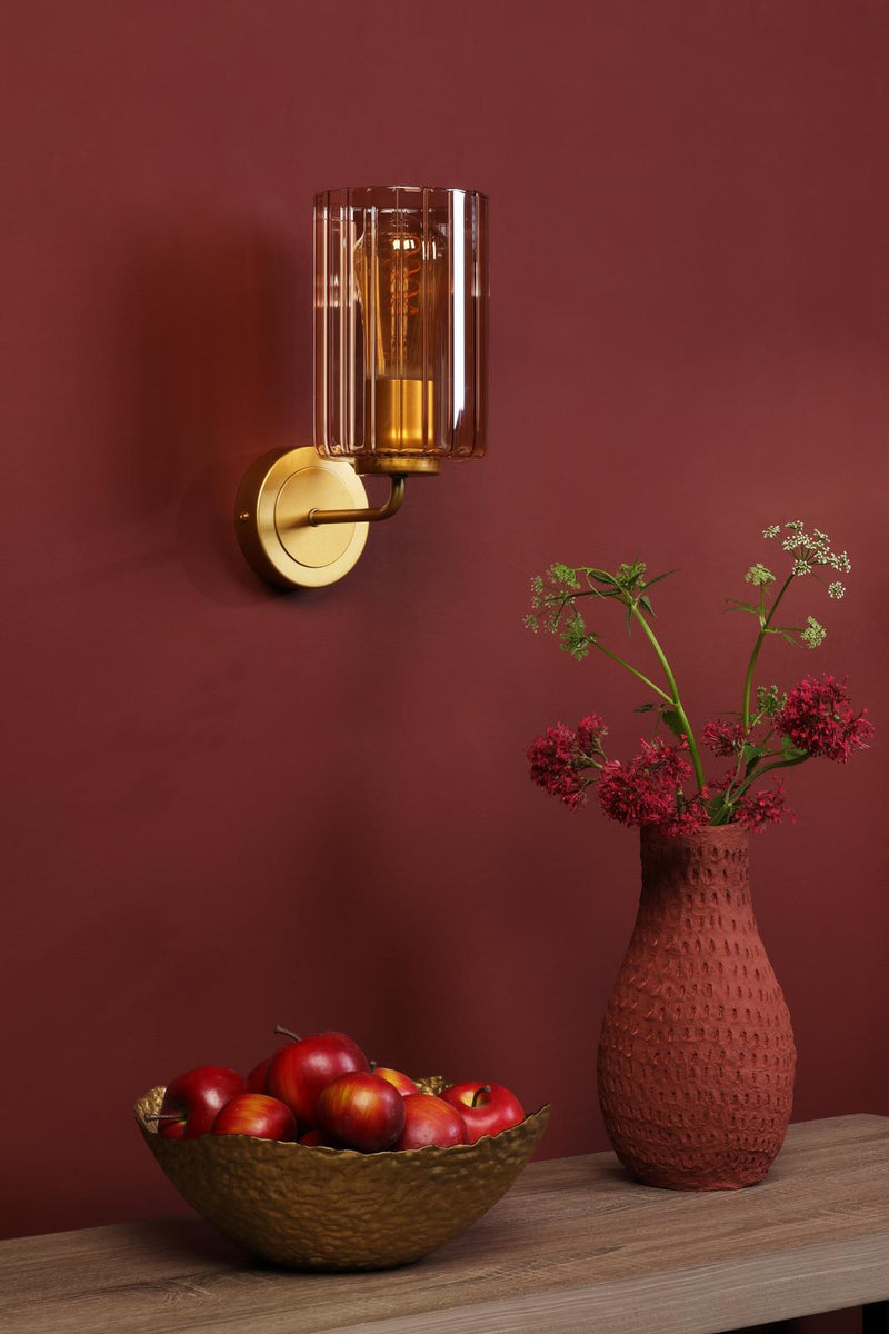 Dar Lighting Daylin Wall Light Satin Gold and Amber Ribbed Glass • DAY0735