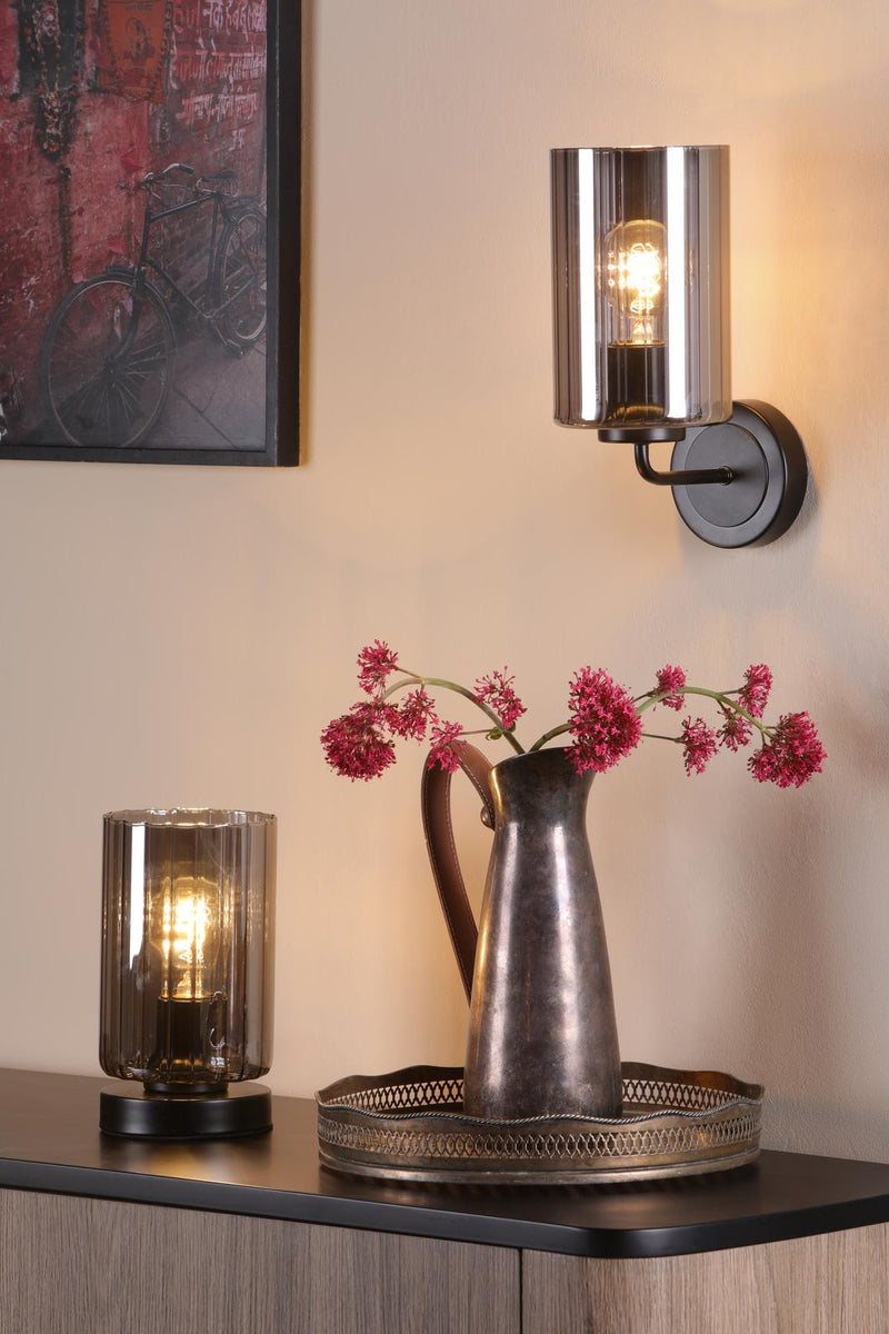 Dar Lighting Daylin Table Lamp Satin Black and Smoked Ribbed Glass • DAY4222