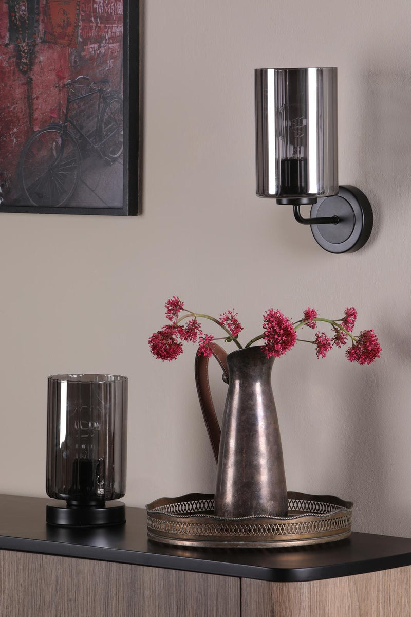 Dar Lighting Daylin Table Lamp Satin Black and Smoked Ribbed Glass • DAY4222