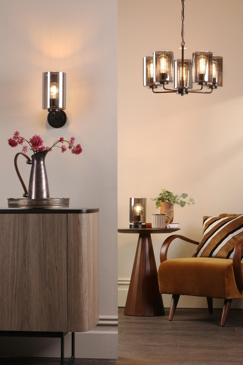 Dar Lighting Daylin Table Lamp Satin Black and Smoked Ribbed Glass • DAY4222