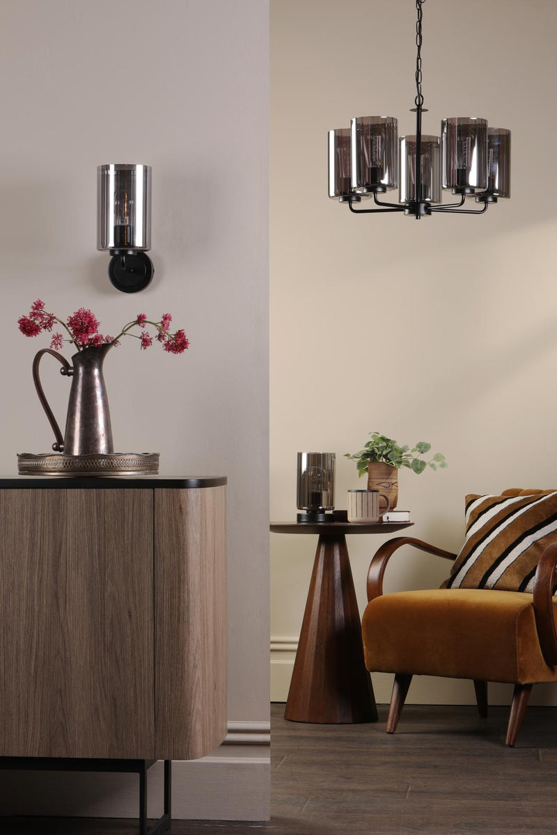 Dar Lighting Daylin Table Lamp Satin Black and Smoked Ribbed Glass • DAY4222