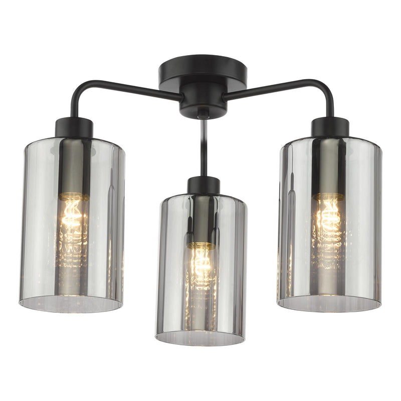 Dar Lighting Daylin 3 Light Semi-Flush Satin Black and Smoked Ribbed Glass • DAY5322