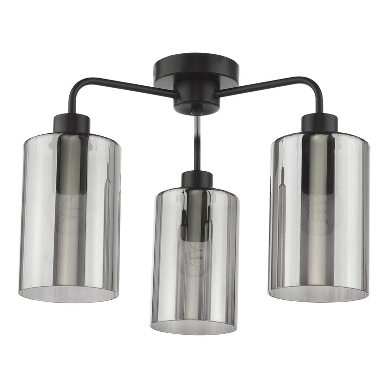 Dar Lighting Daylin 3 Light Semi-Flush Satin Black and Smoked Ribbed Glass • DAY5322