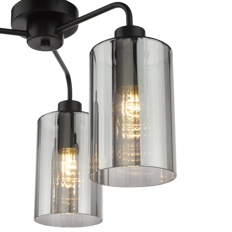 Dar Lighting Daylin 3 Light Semi-Flush Satin Black and Smoked Ribbed Glass • DAY5322