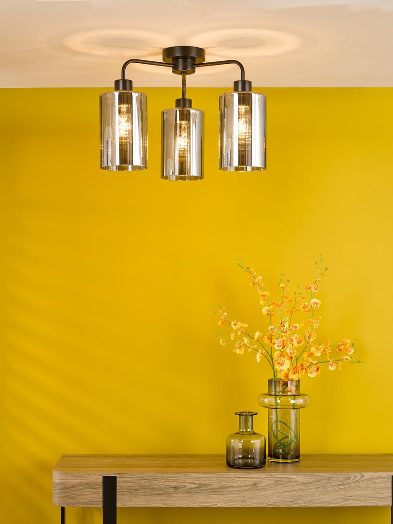 Dar Lighting Daylin 3 Light Semi-Flush Satin Black and Smoked Ribbed Glass • DAY5322