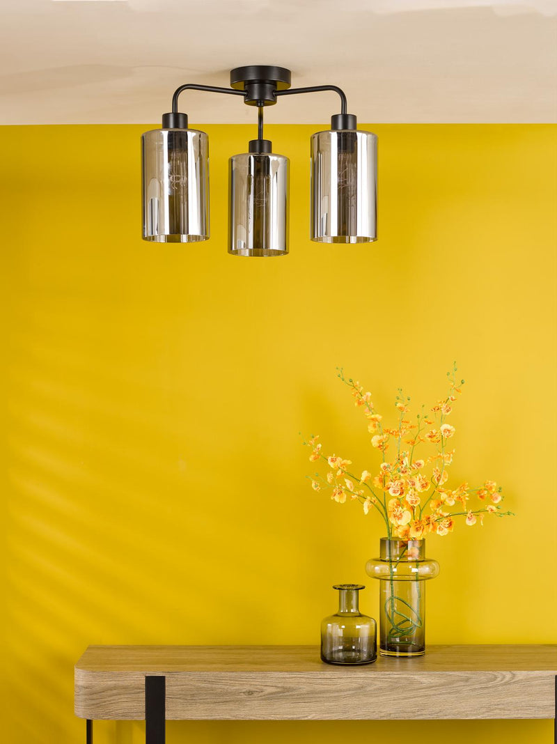 Dar Lighting Daylin 3 Light Semi-Flush Satin Black and Smoked Ribbed Glass • DAY5322
