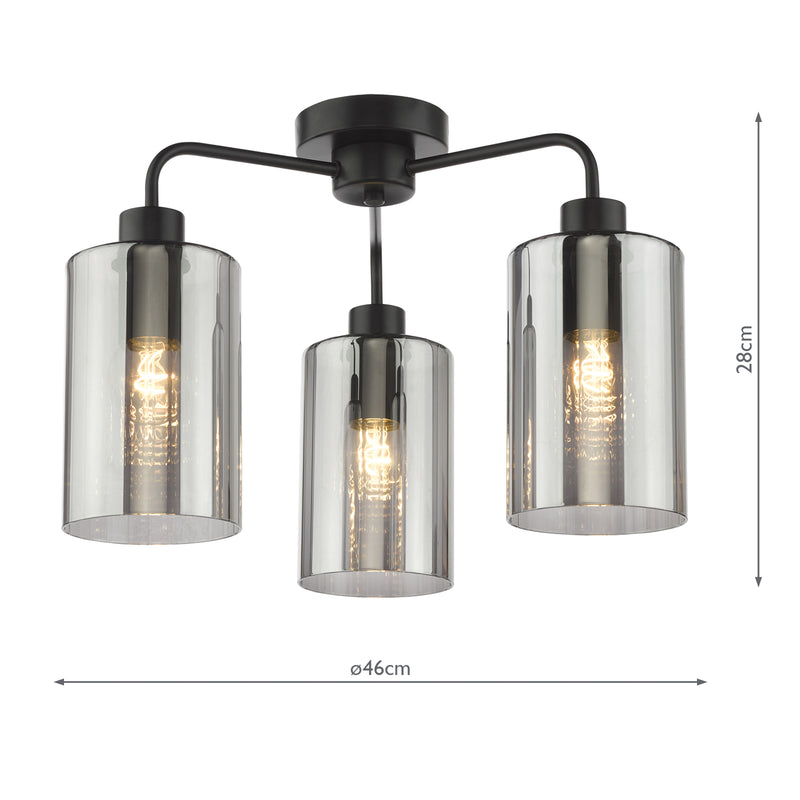 Dar Lighting Daylin 3 Light Semi-Flush Satin Black and Smoked Ribbed Glass • DAY5322
