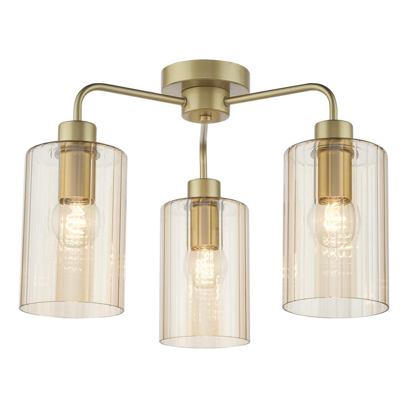 Dar Lighting Daylin 3 Light Semi-Flush Satin Gold and Amber Ribbed Glass • DAY5335