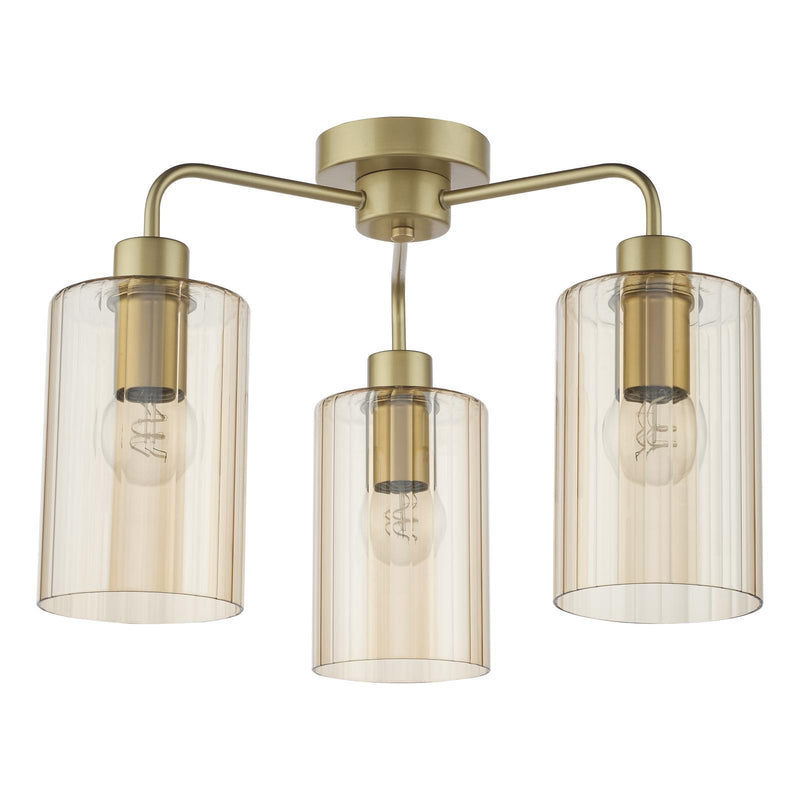 Dar Lighting Daylin 3 Light Semi-Flush Satin Gold and Amber Ribbed Glass • DAY5335