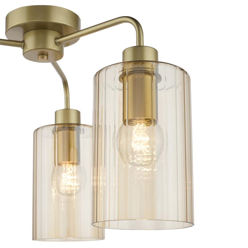 Dar Lighting Daylin 3 Light Semi-Flush Satin Gold and Amber Ribbed Glass • DAY5335