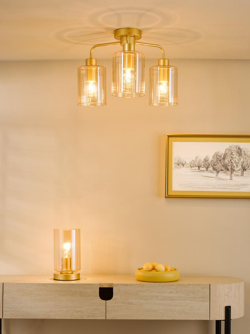 Dar Lighting Daylin 3 Light Semi-Flush Satin Gold and Amber Ribbed Glass • DAY5335