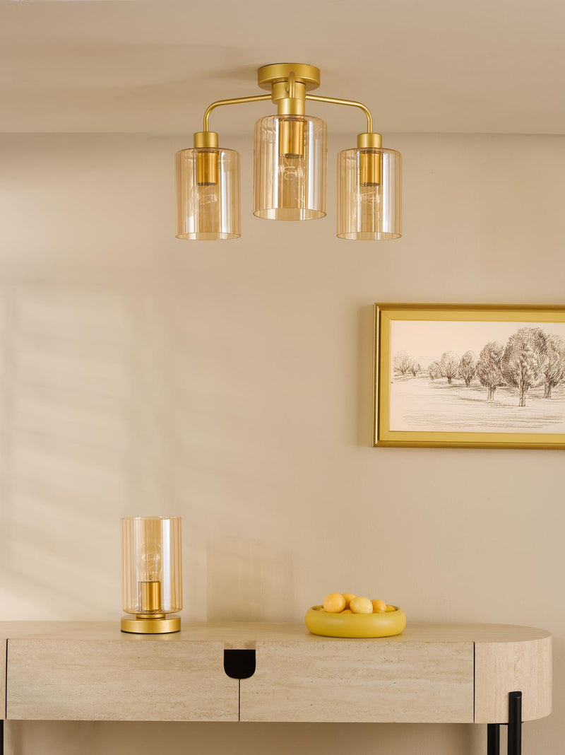 Dar Lighting Daylin 3 Light Semi-Flush Satin Gold and Amber Ribbed Glass • DAY5335