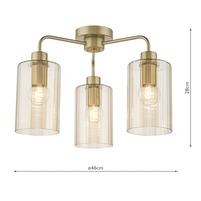 Dar Lighting Daylin 3 Light Semi-Flush Satin Gold and Amber Ribbed Glass • DAY5335
