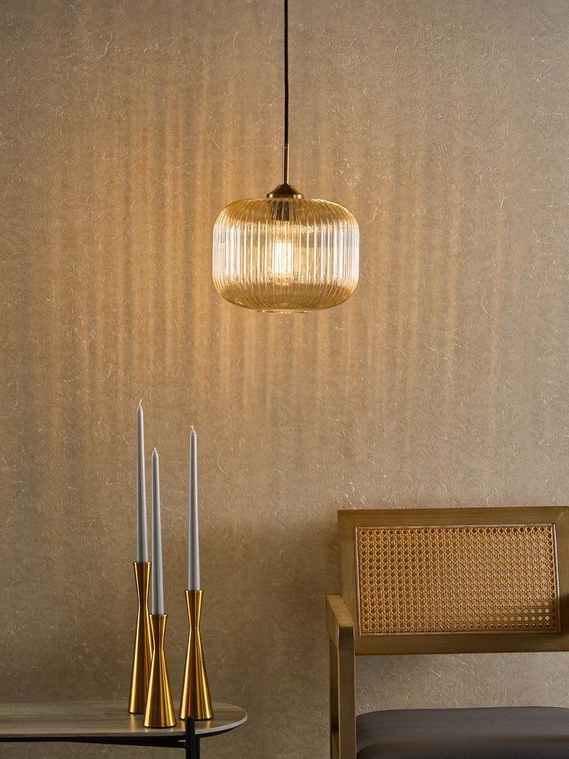Dar Lighting Demarius Pendant Natural Brass and Amber Glass  • DEM0106
