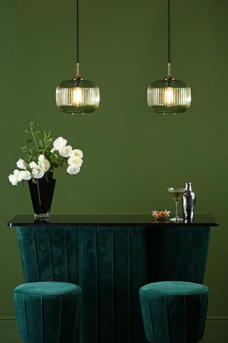 Dar Lighting Demarius 1 Light Pendant Green Glass Bronze Detail • DEM0124
