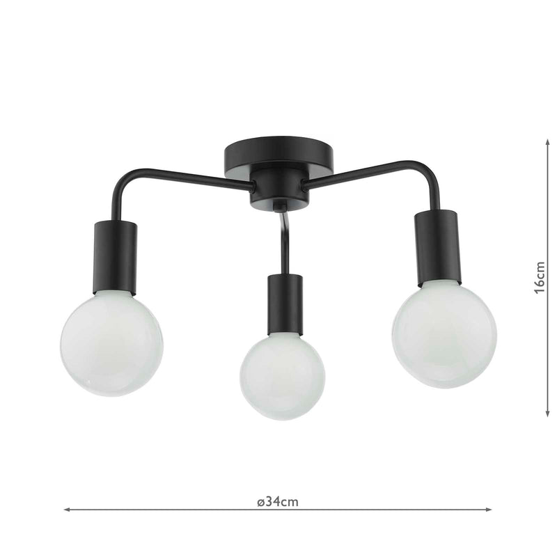 Dar Lighting Dena 3 Light Semi-Flush Matt Black • DEN5322