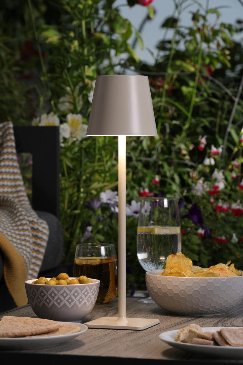 Dar Lighting Derrick Rechargeable Outdoor Table Lamp Satin Taupe LED IP54 • DER4239