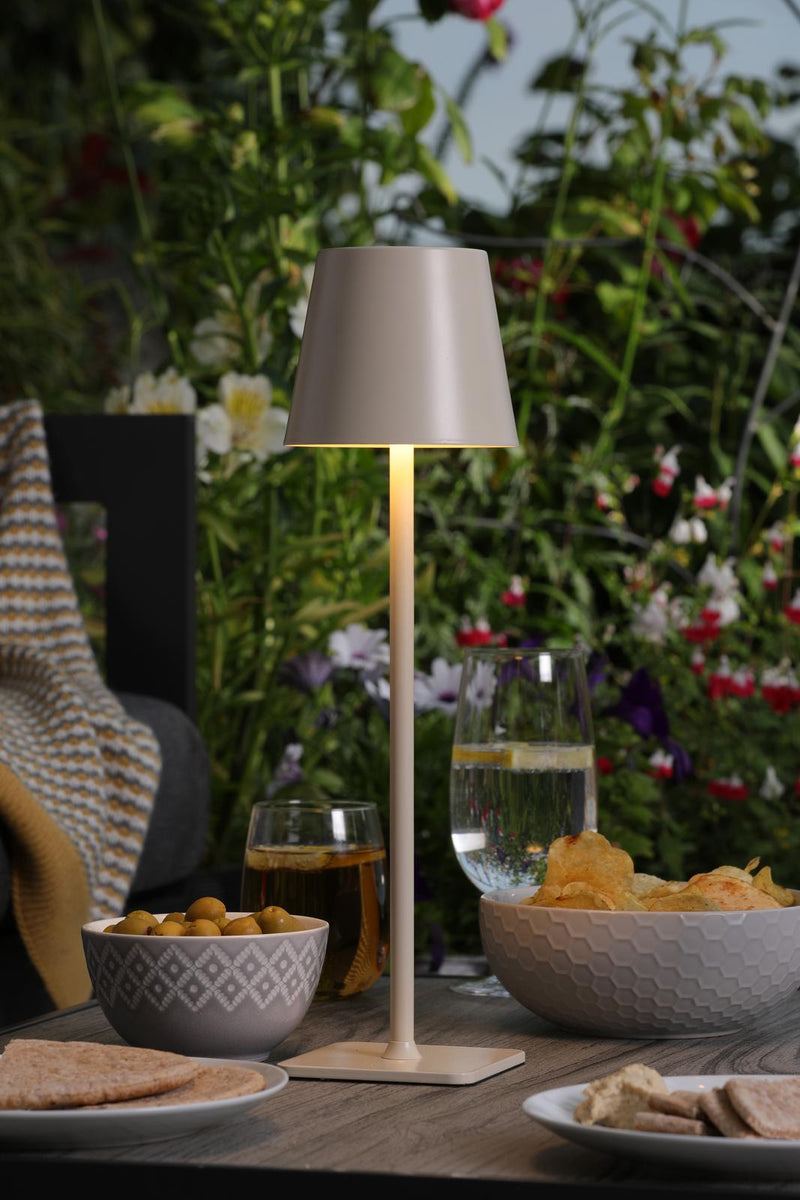 Dar Lighting Derrick Rechargeable Outdoor Table Lamp Satin Taupe LED IP54 • DER4239
