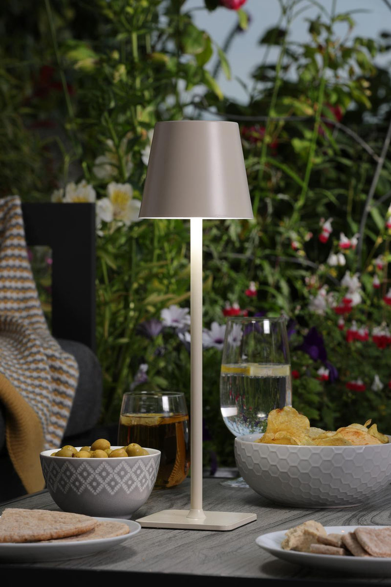 Dar Lighting Derrick Rechargeable Outdoor Table Lamp Satin Taupe LED IP54 • DER4239