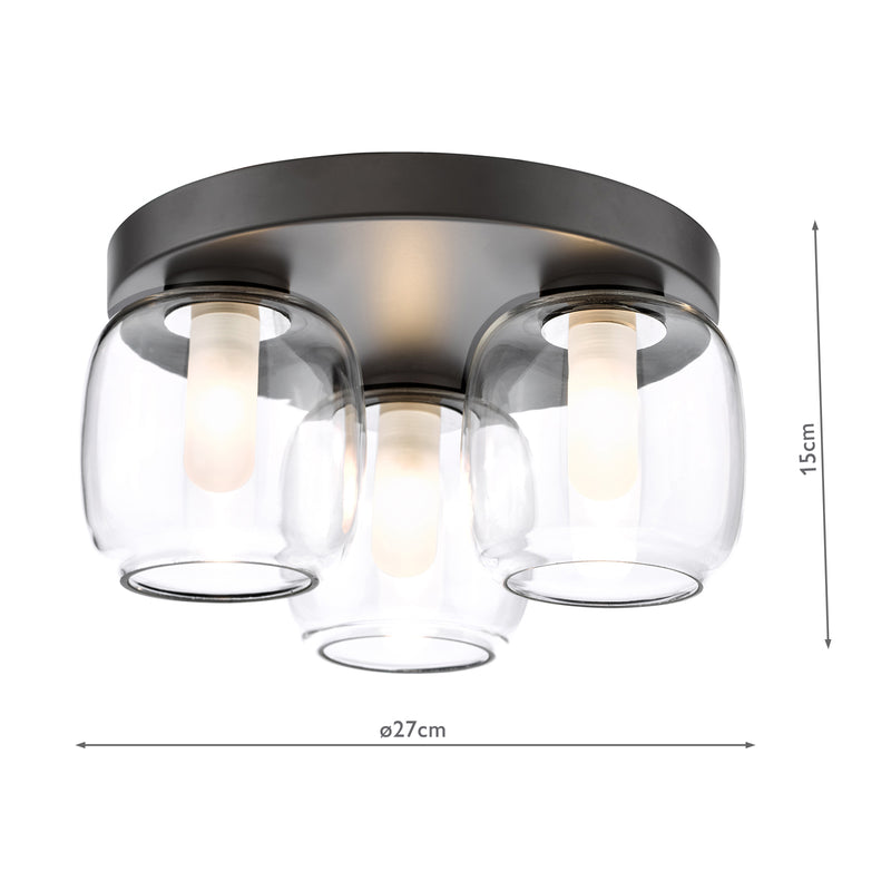 Dar Lighting Edaline 3 Light Bathroom Flush Light Matt Black and Glass IP44 • EDA5322