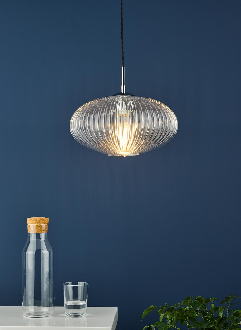 Dar Lighting Edmond 1 Light Single Pendant Polished Chrome Ribbed Glass • EDM0150