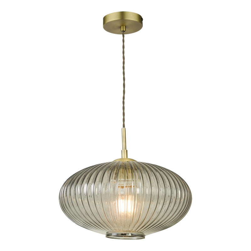 Dar Lighting Edmond 1 Light Pendant Smoked Glass Antique Brass Detail • EDM0175