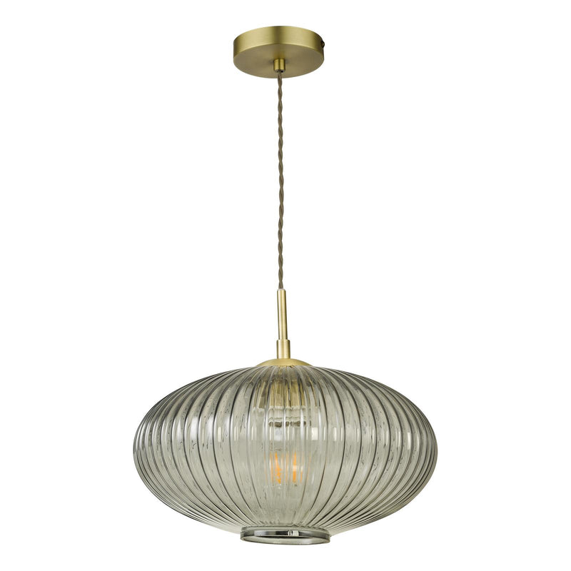 Dar Lighting Edmond 1 Light Pendant Smoked Glass Antique Brass Detail • EDM0175