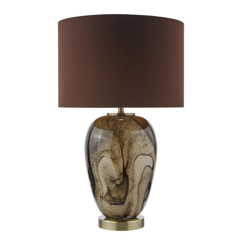 Dar Lighting Egas Table Lamp Brown Marble Effect Glass and Antique Brass With Shade • EGA4229