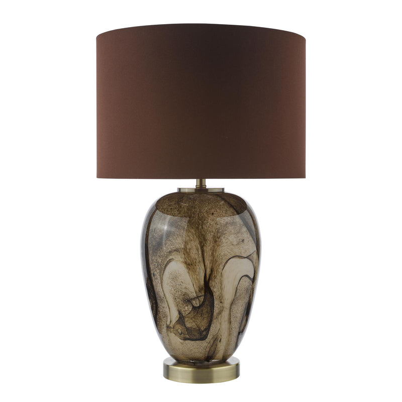 Dar Lighting Egas Table Lamp Brown Marble Effect Glass and Antique Brass With Shade • EGA4229