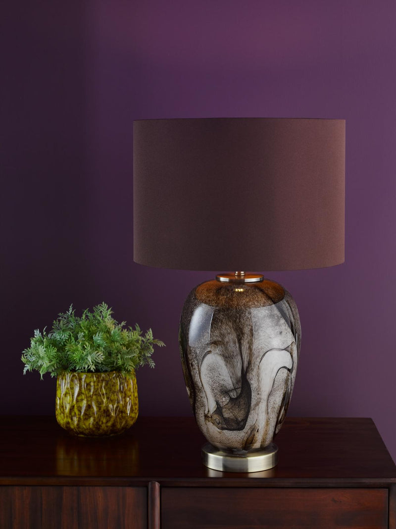 Dar Lighting Egas Table Lamp Brown Marble Effect Glass and Antique Brass With Shade • EGA4229