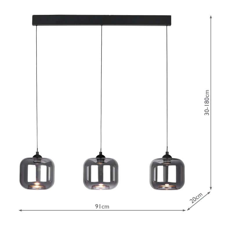 Dar Lighting Eileen 3 Light Bar Pendant Matt Black and Smoked Glass LED • EIL0322-AID6510B