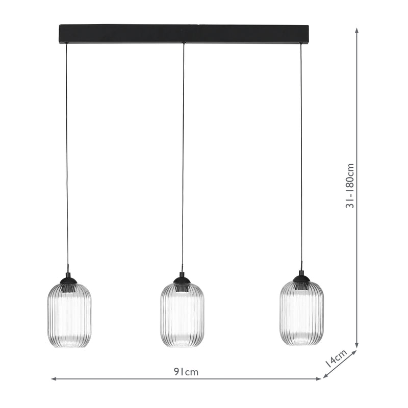 Dar Lighting Eileen 3 Light Bar Pendant Matt Black and Ribbed Glass LED • EIL0322-SAW6508
