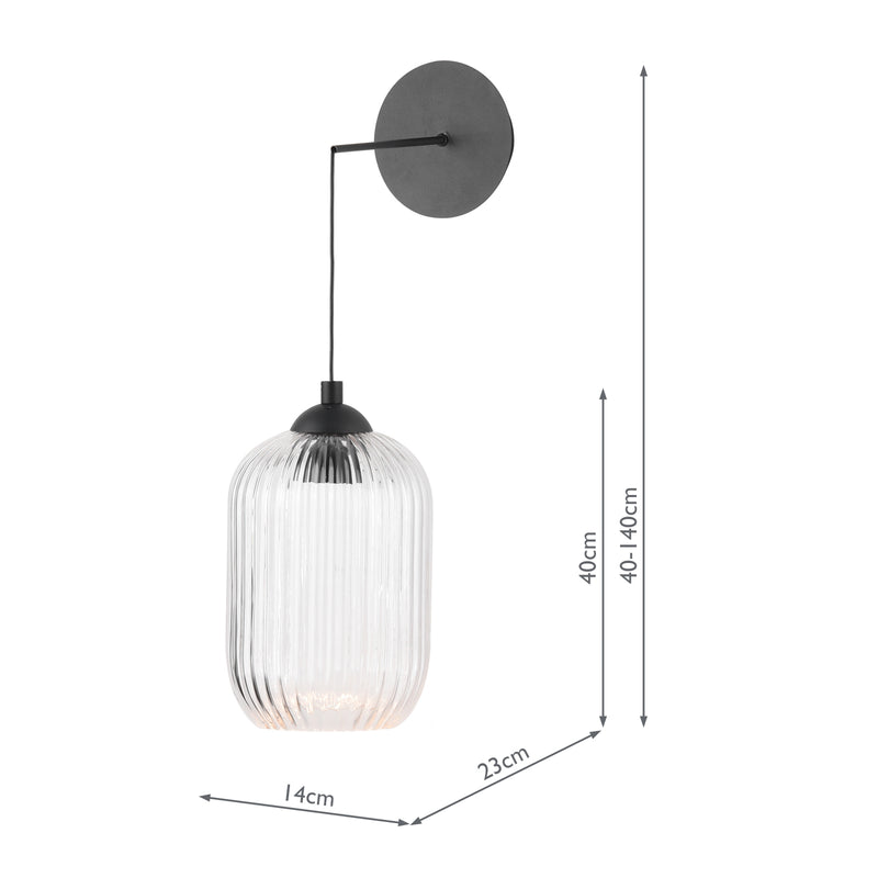 Dar Lighting Eileen Pendant/Wall Light Matt Black and Ribbed Glass LED • EIL0722-SAW6508