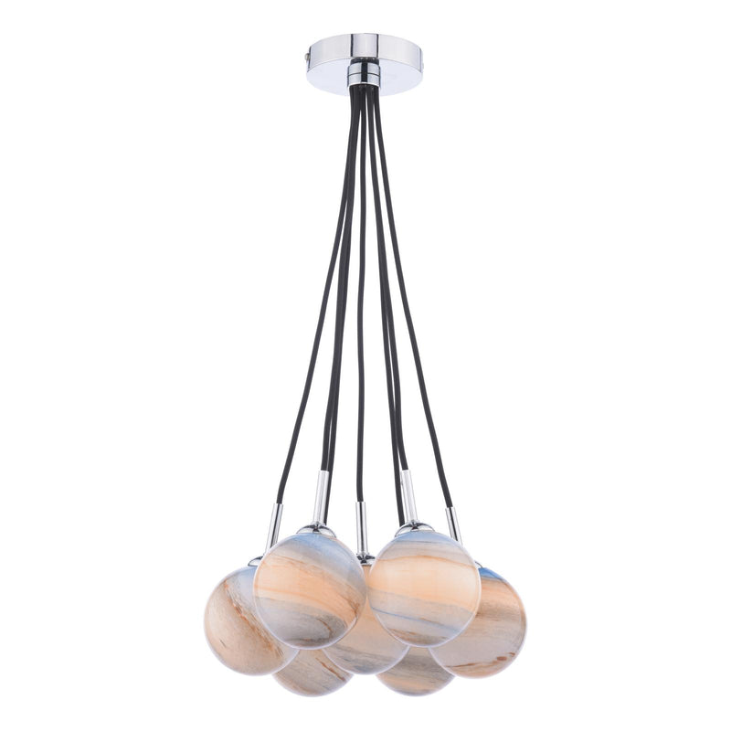 Dar Lighting Elpis 7 Light Cluster Pendant Polished Chrome With Planet Style Glass • ELP342-07L