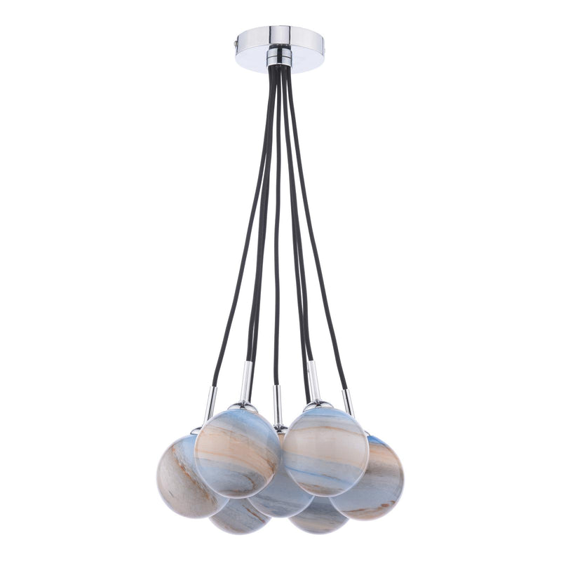 Dar Lighting Elpis 7 Light Cluster Pendant Polished Chrome With Planet Style Glass • ELP342-07L