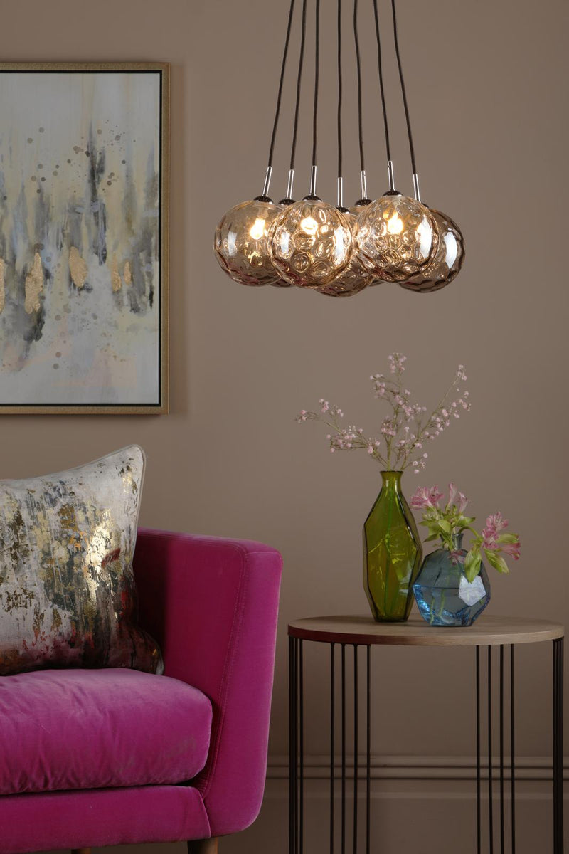 Dar Lighting Elpis 7 Light Cluster Pendant Polished Chrome With Smoked Dimpled Glass • ELP342-10