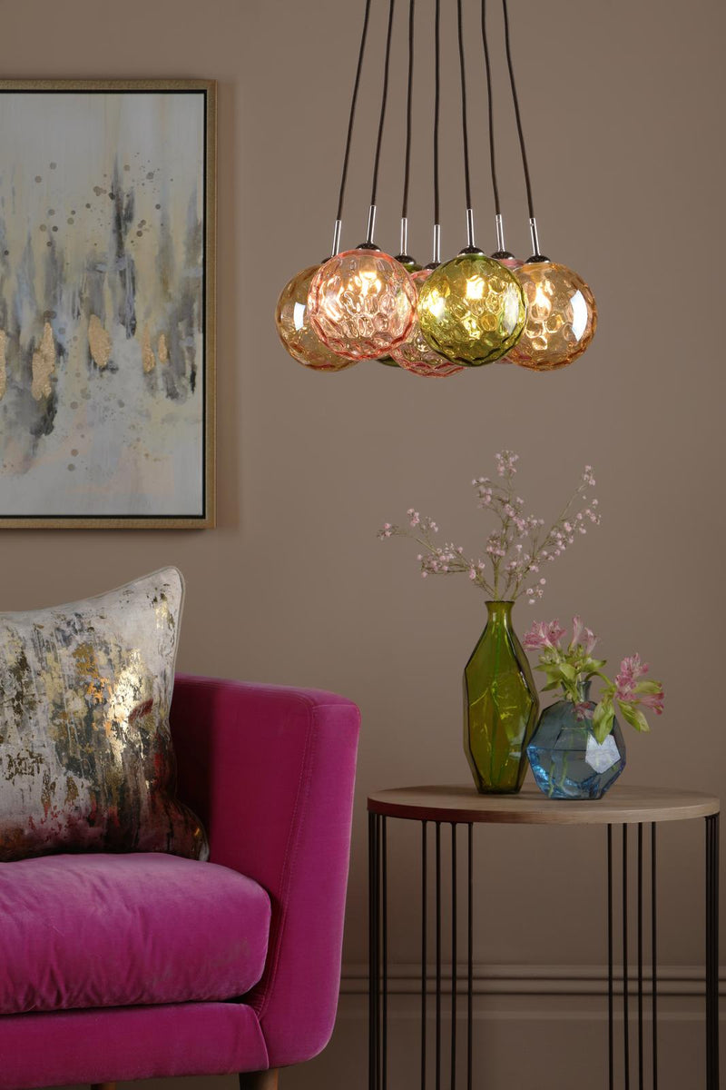 Dar Lighting Elpis 7 Light Cluster Pendant Polished Chrome Mixed Coloured Glass  • ELP342-MIX