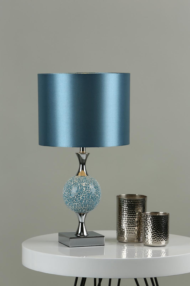 Dar Lighting Elsa Table Lamp Polished Chrome Blue Mosaic With Shade • ELS4223