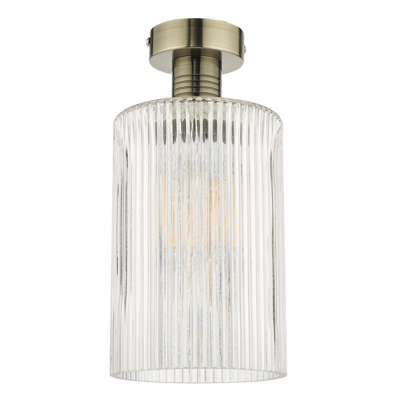 Dar Lighting Emerson Semi Flush Antique Brass Cylinder Ribbed Glass  • EME4875-E01