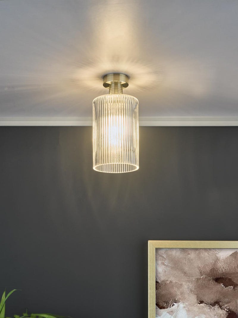 Dar Lighting Emerson Semi Flush Antique Brass Cylinder Ribbed Glass  • EME4875-E01