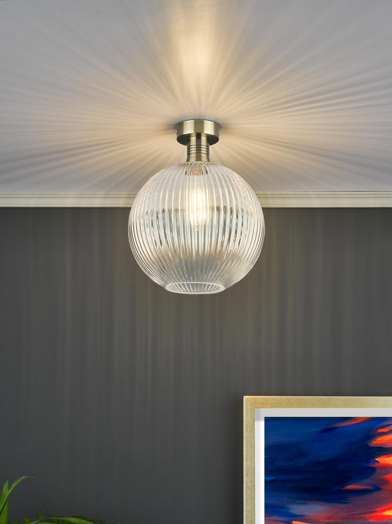 Dar Lighting Emerson Semi Flush Antique Brass Round Ribbed Glass  • EME4875-E02