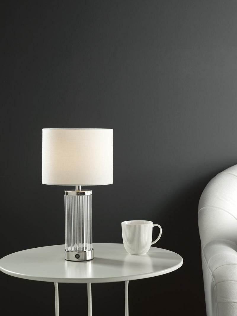 Dar Lighting Enrico Rechargeable Table Lamp Polished Nickel and Glass With Shade LED • ENR4138