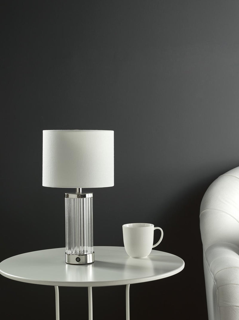 Dar Lighting Enrico Rechargeable Table Lamp Polished Nickel and Glass With Shade LED • ENR4138